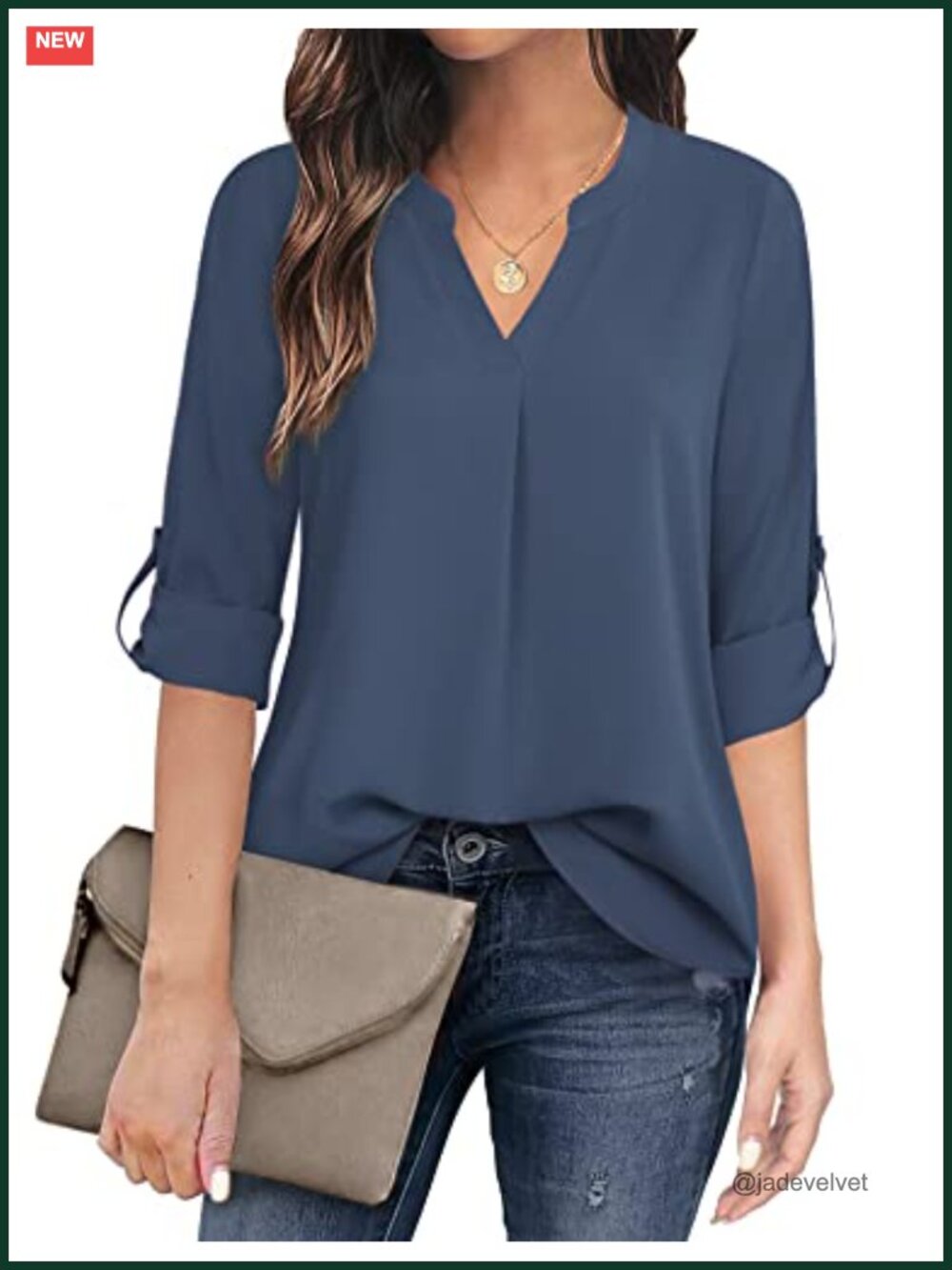 Women's Chiffon V-Neck 3/4 Sleeve Blouse Wrinkle Free Pleated